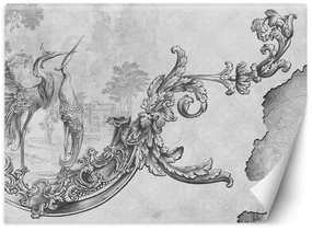 Gario Fototapeta Divoké vtáky a listy na orientálnej freske, čiernobiele Materiál: Vliesová, Rozmery: 450 x 315 cm