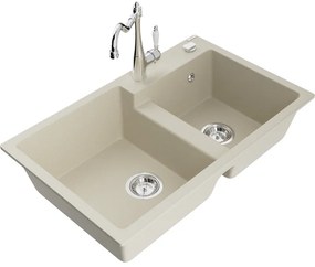 Mexen Tomas, granitový drez 800x500x190 mm, 2-komorový a drezová batéria Carla, béžová, 6516-69-670700-00