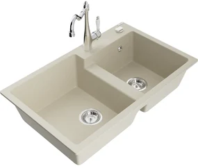 Mexen Tomas, granitový drez 800x500x190 mm, 2-komorový a drezová batéria Carla, béžová, 6516-69-670700-00
