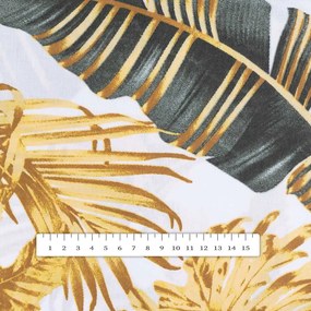 Biante Bavlnený behúň na stôl Sandra SA-388 Sivozelené a zlaté tropické listy na bielom 35x180 cm