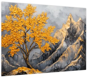 Sklenený obraz – Zlatý strom v horách (70x50 cm)