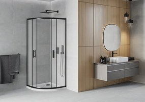 Mexen Rio, štvrťkruhový sprchovací kút s posuvnými dverami 80(dvere) x 80(dvere) x 190 cm, 6mm sklo námraza, čierny profil + biela sprchová vanička SLIM, 863-080-080-70-30-4110B