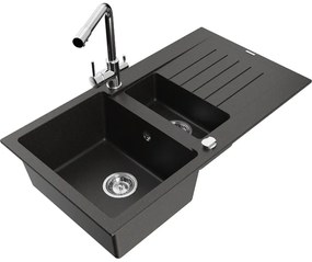 Mexen Matias, granitový drez 900x505x200 mm, 1,5-komorový a chrómová batéria Duero, čierna-zlatá metalíza, 6502-75-671600-00