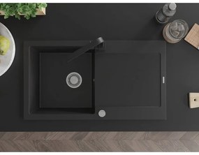 Mexen Leo, drez granitový 900x500x190 mm, 1-komorový, čierna s chrómovým sifónom a čierna drezová batéria Rita, 6501-77-670300-70