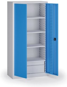 Policová dielenská skriňa 2-dverová, 4 police + 2 zásuvky, 1950 × 950 × 500 mm, modré dvere