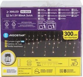 Aigostar - LED vonkajší vianočný reťazec 300xLED/8 funkcií 3xAA 18x06m IP44 teplá biela