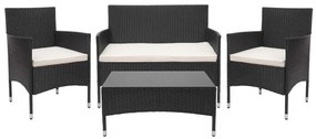 Záhradná súprava 2 kresiel, pohovky a stolíka HWC-F55 - čierna, krémové vankúše