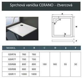 Cerano Piato, štvorcová sprchová vanička z liateho mramoru 100x100 cm, biela matná, CER-CER-476945
