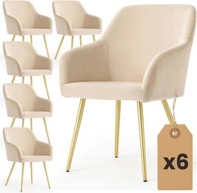 Sada šiestich jedálenských stoličiek ESTELLE zamatové, béžové / zlaté nohy (6 ks)
