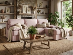 Rozkladacia obojstranná sedacia súprava do L VENORIA SLIM 200x143 cm, púdrovo ružová + 2 vankúšiky ZDARMA