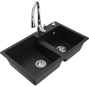 Mexen Tomas, granitový drez 800x500x190 mm, 2-komorový a drezová batéria Savita, čierna, 6516-77-672601-00