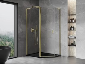 Mexen Mist L, päťuholníkový sprchový kút s krídlovými dverami, 90 x 80 cm, 8mm číre sklo, zlatý lesklý profil, 8A8L-090-080-50-00