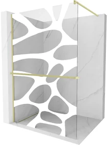 Mexen Kioto+, sprchová zástena Walk-In s poličkou a vešiakom 110 x 200 cm, 8mm číre sklo biely vzor, zlatý matný profil, 800-110-121-55-97
