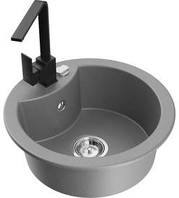 Mexen Diego, 1-komorový granitový drez 488x488x167 mm, chrómový sifón, čierna matná batéria Rita, šedá, 6512-71-670300-70