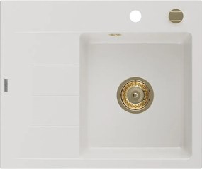 Mexen Ben granitový drez 1-komorový s odkvapkávačom, pravý 600 x 500 mm, biely, sifón zlatý - 6523605000-20-G