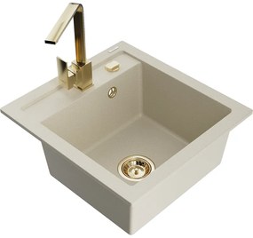 Mexen Vito, 1-komorový granitový drez 520x490x210 mm, zlatá batéria Rita, béžová, 6503-69-670300-50
