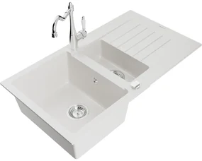 Mexen Matias, granitový drez 900x505x200 mm, 1,5-komorový a drezová batéria Carla, biela, 6502-20-670700-00