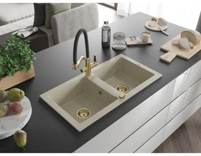 Mexen Mario, granitový drez 820x436x161 mm, 2-komorový a drezová batéria Duo, béžová, 6504-69-671701-57-G