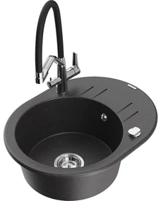 Mexen Kevin, granitový drez 586x458x190 mm, 1-komorový a biela batéria Duo, čierna škvrnitá, 6517-76-671701-07