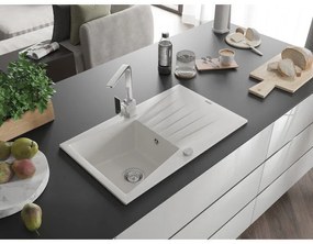 Mexen Cesar, granitový drez 775x470x190 mm, 1-komorový, biela s chrómovým sifónom a chrómová drezová batéria Rita, 6514-20-670300-00