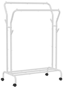 Stojan na šaty, dvojitá tyč, kovový, s policou, biely