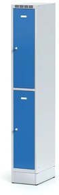 Alfa 3 Kovová šatníková skrinka na sokli s úložnými boxami, 2 boxy, modré dvere, cylindrický zámok