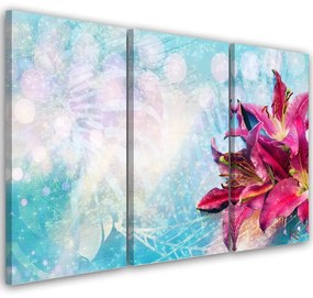 Obraz na plátně třídílný, Růžové květy na modrém pozadí - 120x80 cm