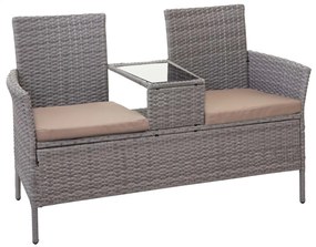 Záhradná lavica so stolíkom E24 ~ umelý ratan, 132cm - Sivá, sedáky krémová