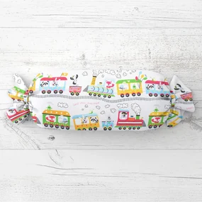 Biante Detský vankúš valec bonbon Sandra SA-328 Vláčik so zvieratkami na bielom 15x40 cm