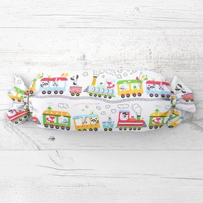 Biante Detský vankúš valec bonbon Sandra SA-328 Vláčik so zvieratkami na bielom 15x40 cm