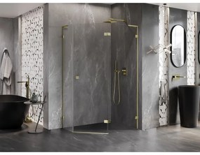Mexen Lunar, L pravý výklopný päťuholníkový sprchový kút 90 x 80 cm, 8mm číre sklo, zlatý profil, 831L-090P-080L-50-00-P