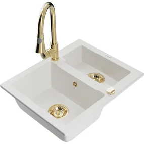 Mexen Carlos, 1,5-komorový granitový drez 582x475x177 mm a drezová batéria Elia, biela, 6518-20-670101-50
