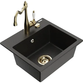 Mexen Milo, granitový drez 435x410x171 mm, 1-komorový a drezová batéria Carla, čierna-zlatá metalíza, 6505-75-670700-50
