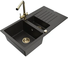 Mexen Matias, granitový drez 900x505x200 mm, 1,5-komorový a zlatá batéria Duero, čierna-zlatá metalíza, 6502-75-671600-50