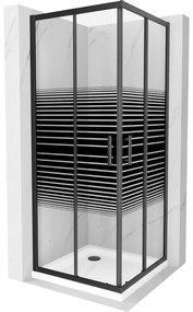 Mexen Rio, štvorcový sprchovací kút s posuvnými dverami 90(dvere) x 90(dvere) x 190 cm, 6mm číre sklo s pásikmi, čierny profil + biela sprchová vanička SLIM, 860-090-090-70-20-4010B