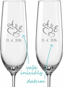 Svadobné poháre na sekt Spojená srdce s monogramy, 2 ks