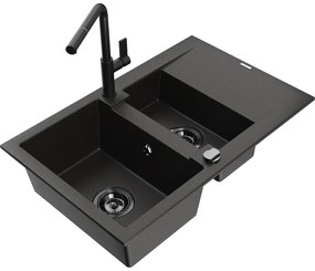Mexen Gaspar, 1,5-komorový granitový drez 737x475x177 mm a drezová batéria Flora, čierna-zlatá metalíza, 6507-75-670401-70-B