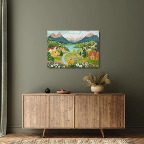 Sklenený obraz - Dedina v horách (70x50 cm)