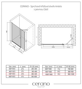 Cerano Antelo, 1-krídlové sprchové dvere s pevnou časťou 100(dvere) x 50(stena) x 190 cm, 6mm číre sklo, chrómový profil, CER-CER-435884