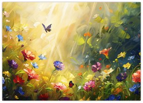 Sklenený obraz - Jarná kvetinová lúka, maľba (70x50 cm)