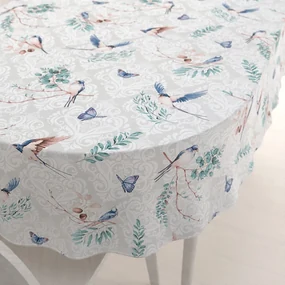 Biante Bavlnený oválny obrus Sandra SA-471 Lastovičky s motýlikmi na svetlo sivom ornamente 140x180 cm