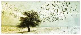 Obraz - Maľovaný kŕdeľ vtákov (120x50 cm)