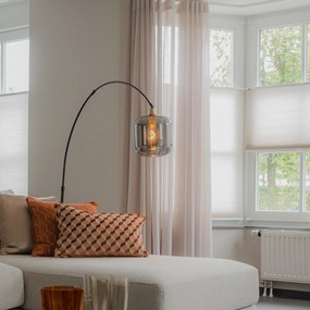 Oblúková lampa čierna so zlatom a dymovým sklom - Zuzanna