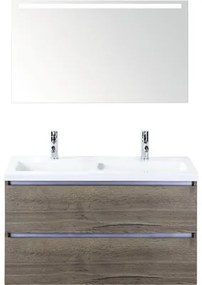 Kúpeľňový nábytkový set Vogue 100 cm s keramickým umývadlom 2 otvormi na kohúty a zrkadlom s LED osvetlením Tabacco