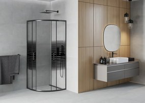 Mexen Rio, štvrťkruhový sprchovací kút s posuvnými dverami 70(dvere) x 70(dvere) x 190 cm, 6mm číre sklo s pásikmi, čierny profil, 863-070-070-70-20