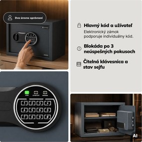 Malý domáci trezor, elektronický zámok na kód, na peniaze a dokumenty, 350x250x250 mm: DORIAN