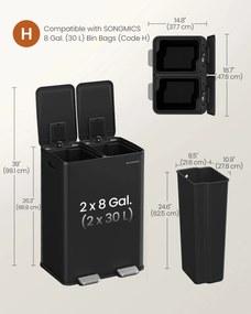 SONGMICS 60L Kuchynský kôš (2x30L), mäkké zatváranie, čierny