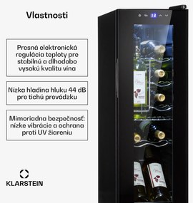 Klarstein Shiraz 12 Slim, vinotéka, 32 l, 12 fliaš, 85 W, 5–18°C, dotykový ovládací panel