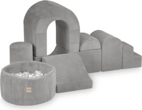 Ihrisko Zámok s bazénikom + 150 loptičiek (perleťové, strieborné), prémiový šedý menčester