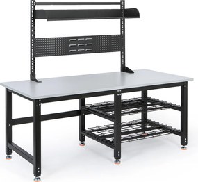 Výškovo nastaviteľný baliaci stôl PROFI, 1800 × 900 × 790–940 mm s nadstavbou a policami